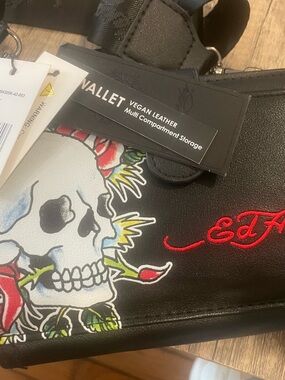 NWT Ed Hardy Black Vegan Leather Skull Crossbody/Phone Case with Red Script